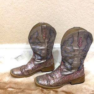 Roper Womens Cowgirl Boots Silver with Pink Glitter Details Size 7